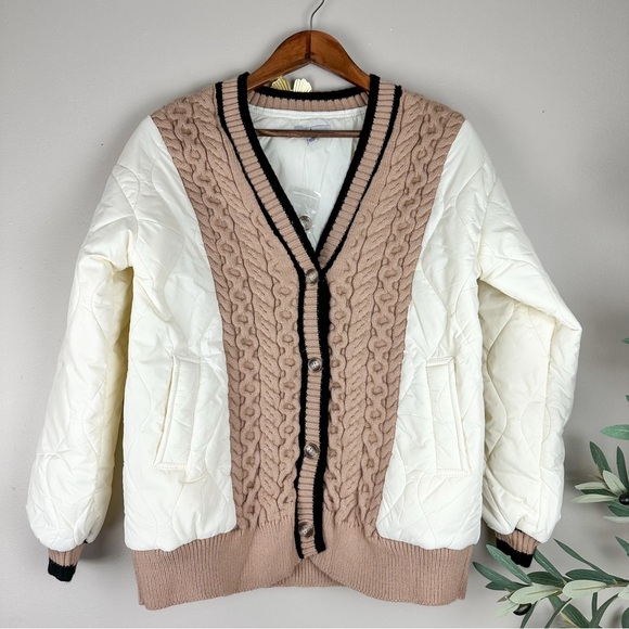 POLAGRAM Women's Braided Harmony Button Quilted Cardigan Bomber Jacket Beige Tan - Picture 4 of 10